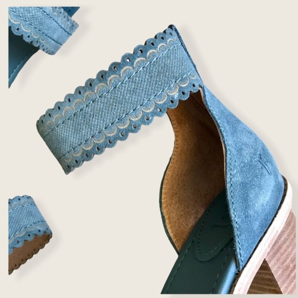 $340 Frye Teal/Turquoise Brielle Scallop Leather Suede Ankle Strap Heel Sandals - Picture 12 of 16
